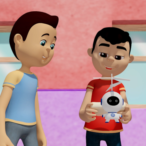 Çizimde iki oğlan çocuğu bir binanın önünde duruyor. Sağ taraftaki çocuk ellerinin arasındaki kumandayla beyaz bir oyuncak robot uçururken; yanındaki çocuk onu izliyor. Robotun başının üzerinde bir pervane var, kafası yuvarlak, bedeni küçük, siyah yüzünde iki minik beyaz gözü dikkat çekiyor.