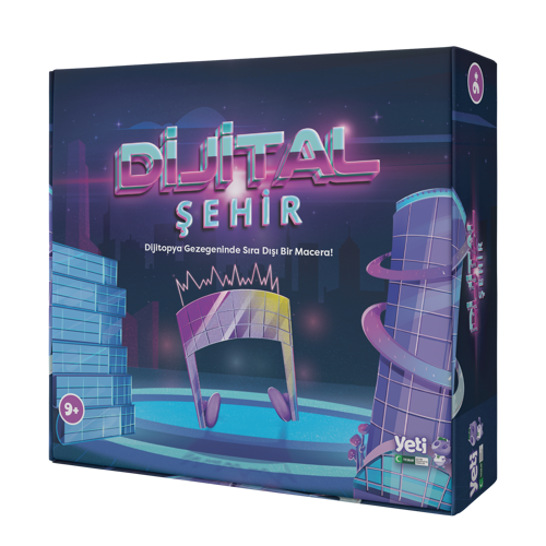 Görselde “DİJİTAL ŞEHİR” adlı kutu oyununa yer verilmiş. Kutunun üzerindeki resimde gece manzarasında uzaktan şehrin silüeti görünürken yukarıda birinci satırda üst kısmı mavi, alt kısmı pembe harflerle “DİJİTAL”, ikinci satırda pembe kontörlü mavi harflerle “ŞEHİR”, bir alt satırdaysa ince puntolu, küçük, beyaz harflerle “Dijitopya Gezegeninde Sıra Dışı Bir Macera” yazıyor. Alttaki havuza benzer mavi platformla, yazıların arasındaki boşlukta üstünde zikzak şeklinde ses dalgaları olan parlak, janjanlı, taç kulaklığa benzeyen mor bir nota var. Notanın solunda üst üste yatay, parlak bloklar, sağındaysa etrafında yukarıdan aşağı doğru kıvrımlı köprünün dolandığı bir gökdelene yer verilmiş. Sağ alt köşede “yeti” yazısının altında Yeşilay logosu, yanındaysa mor kedinin görseli bulunuyor. Sol alt köşede daire içinde 9+ yazıyor.